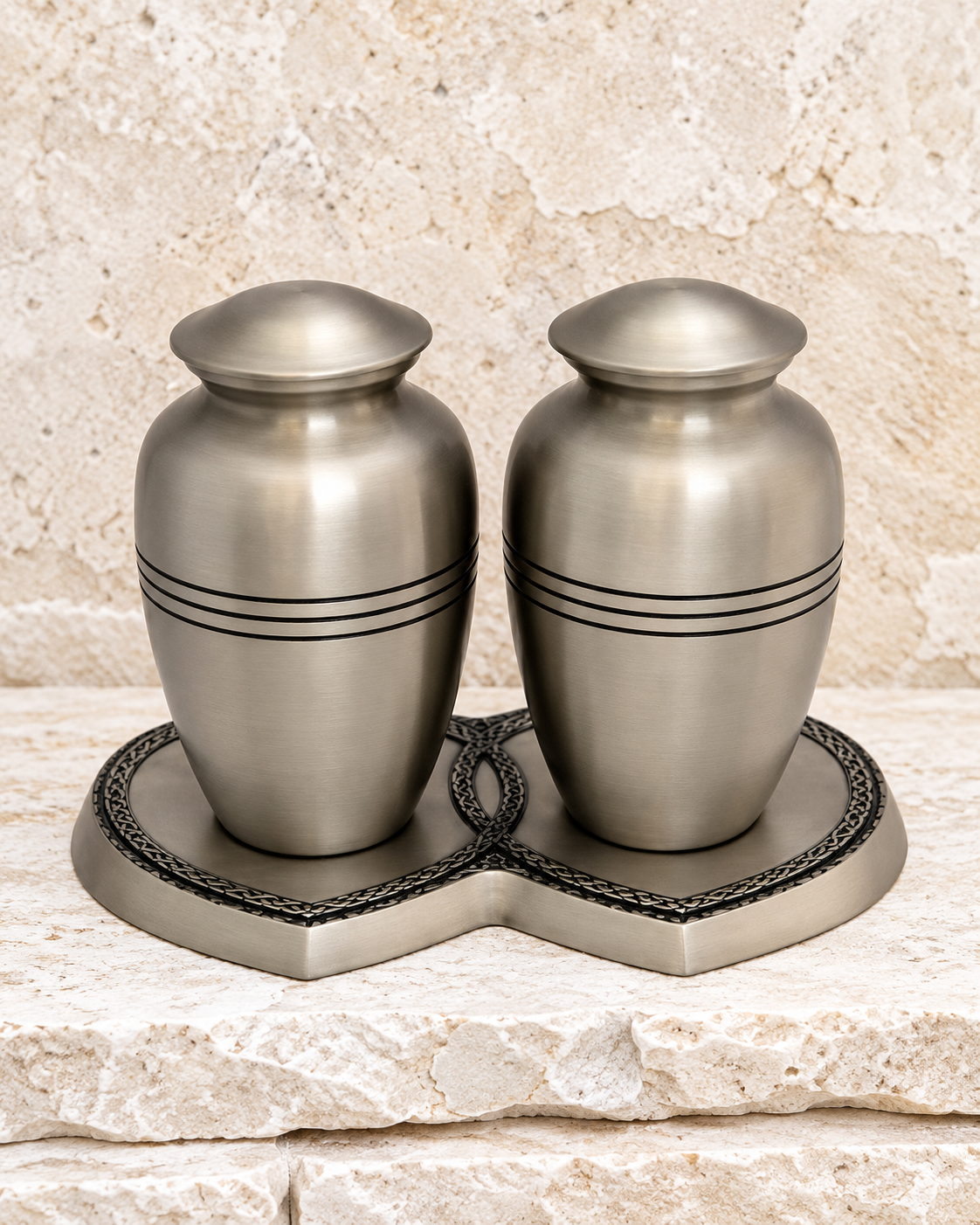 pewter companion cremation urn on cream stacked stone, portrait product photograph