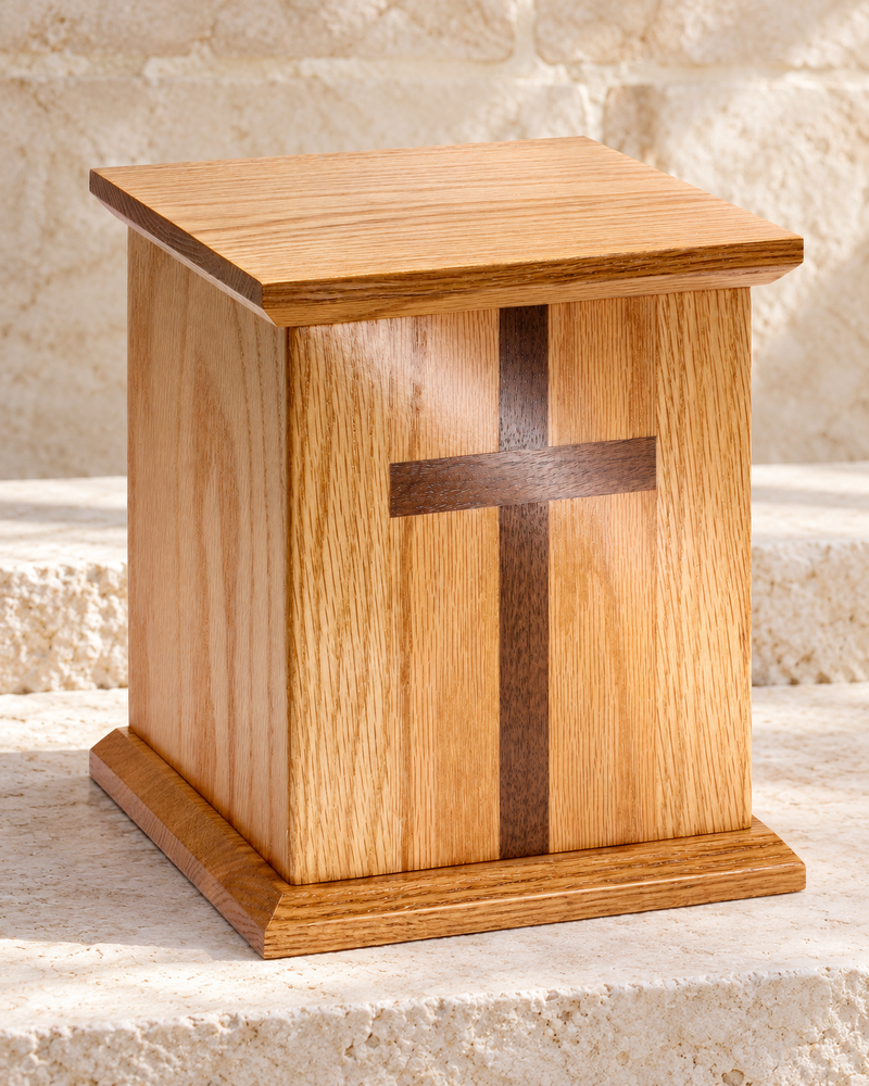 Square Oak Cremation Urn w/ Walnut Cross