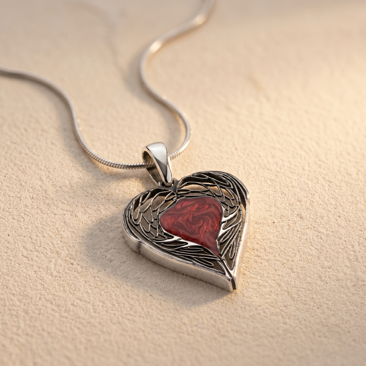 Solid 14K White Gold Paradise Heart with Crimson Ash Resin Jewelry
