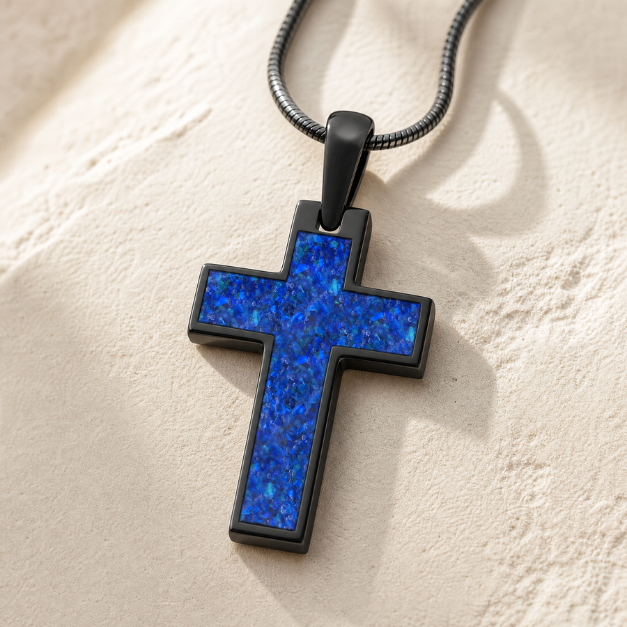 Cultured Cross Black Finish with Opal Blue Waters Ash Resin Jewelry