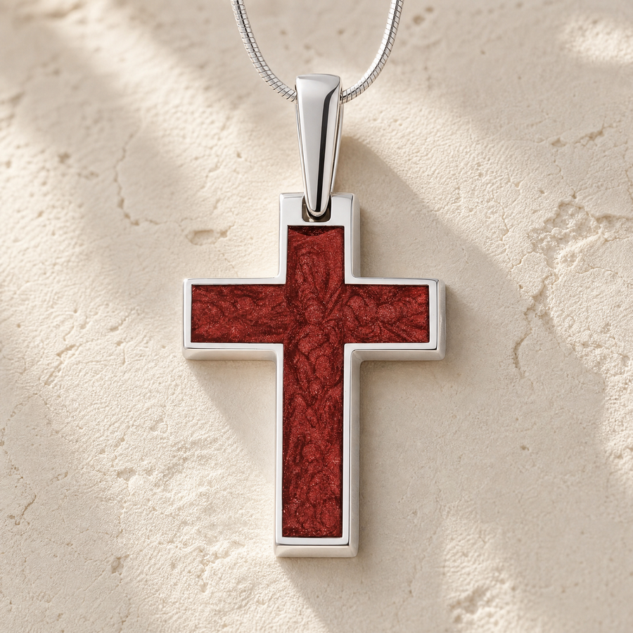 Cultured Cross Sterling Silver with Crimson Ash Resin Jewelry