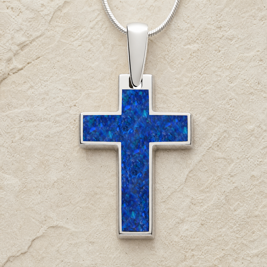 Cultured Cross Sterling Silver with Opal Blue Waters Ash Resin Jewelry