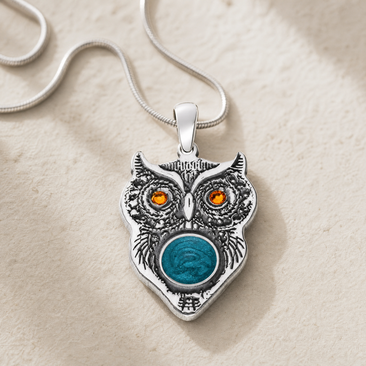 Solid 14K White Gold Wise Owl Birthstone with Aqua Ash Resin Jewelry