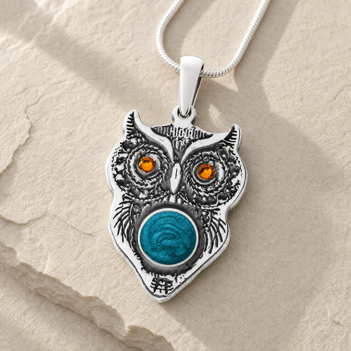 Solid 14K White Gold Wise Owl Birthstone with Aqua Ash Resin Jewelry