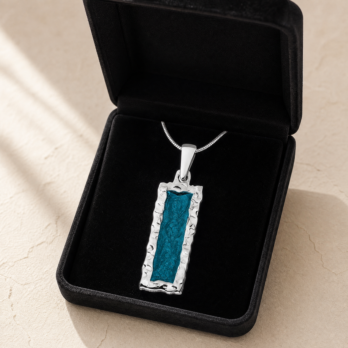 Solid 14K White Gold Lasting Long Rectangle with Aqua Ash Resin Jewelry