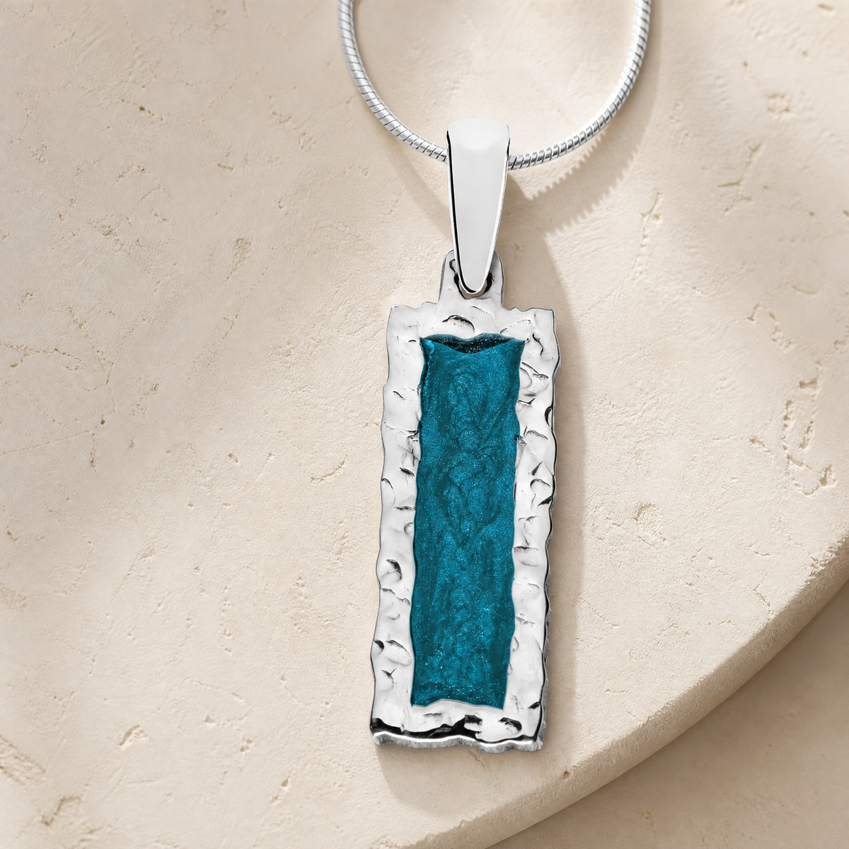 Solid 14K White Gold Lasting Long Rectangle with Aqua Ash Resin Jewelry