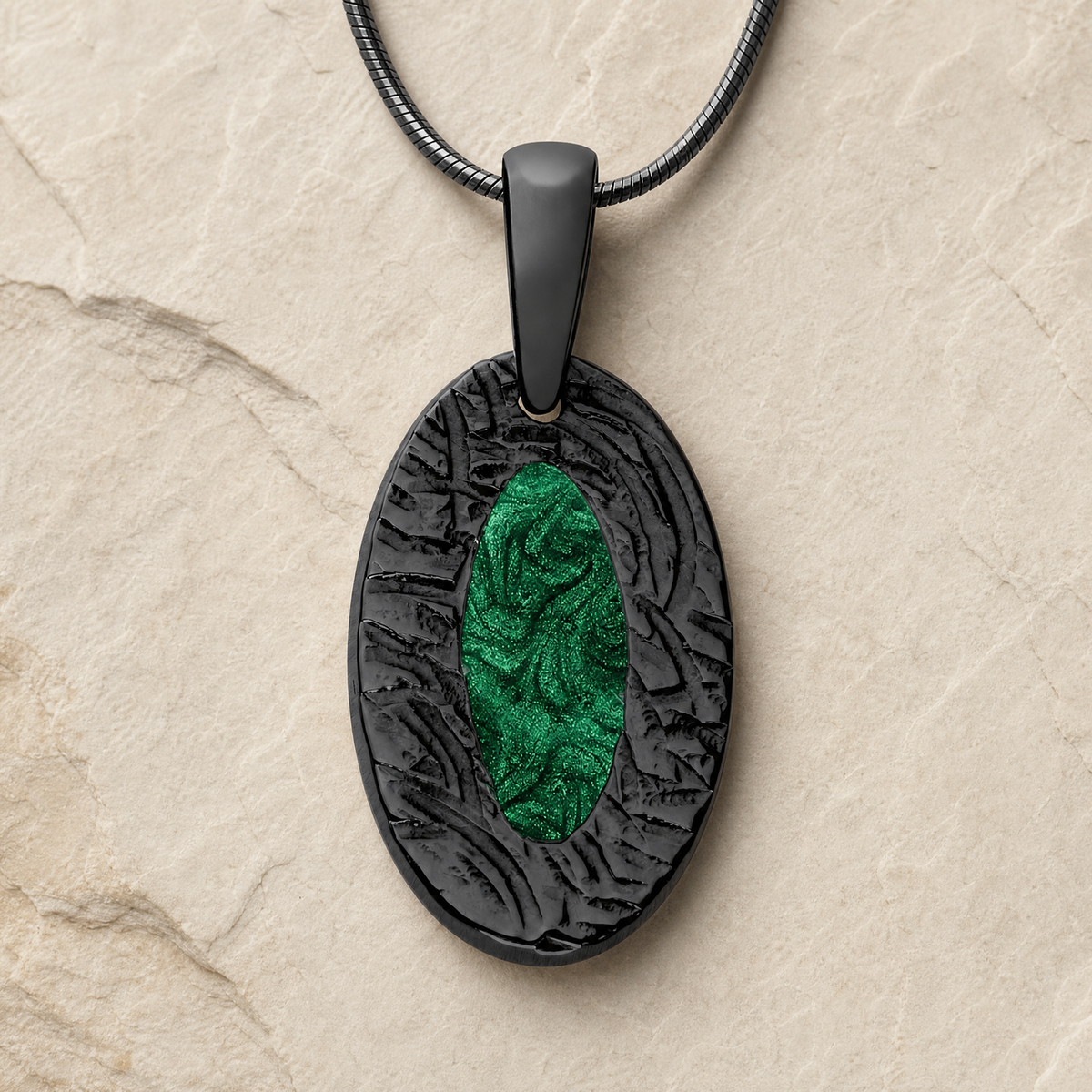 Heartfelt Oval Black Finish with Seafoam Ash Resin Jewelry