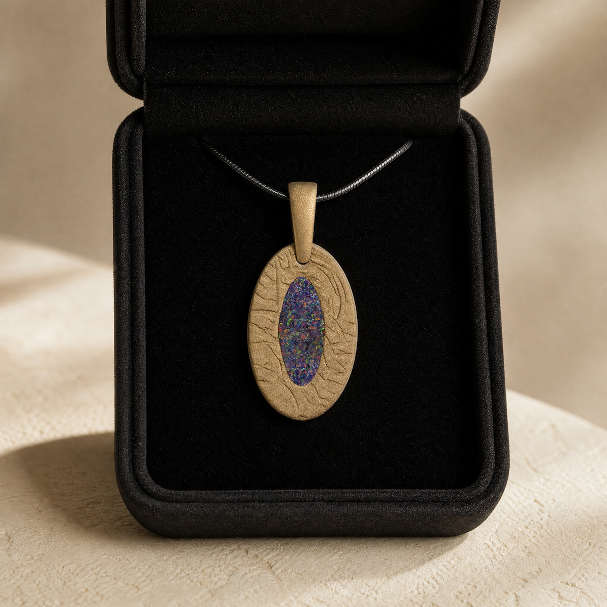 Heartfelt Oval Bronze Finish with Black Flame Opal Ash Resin Jewelry