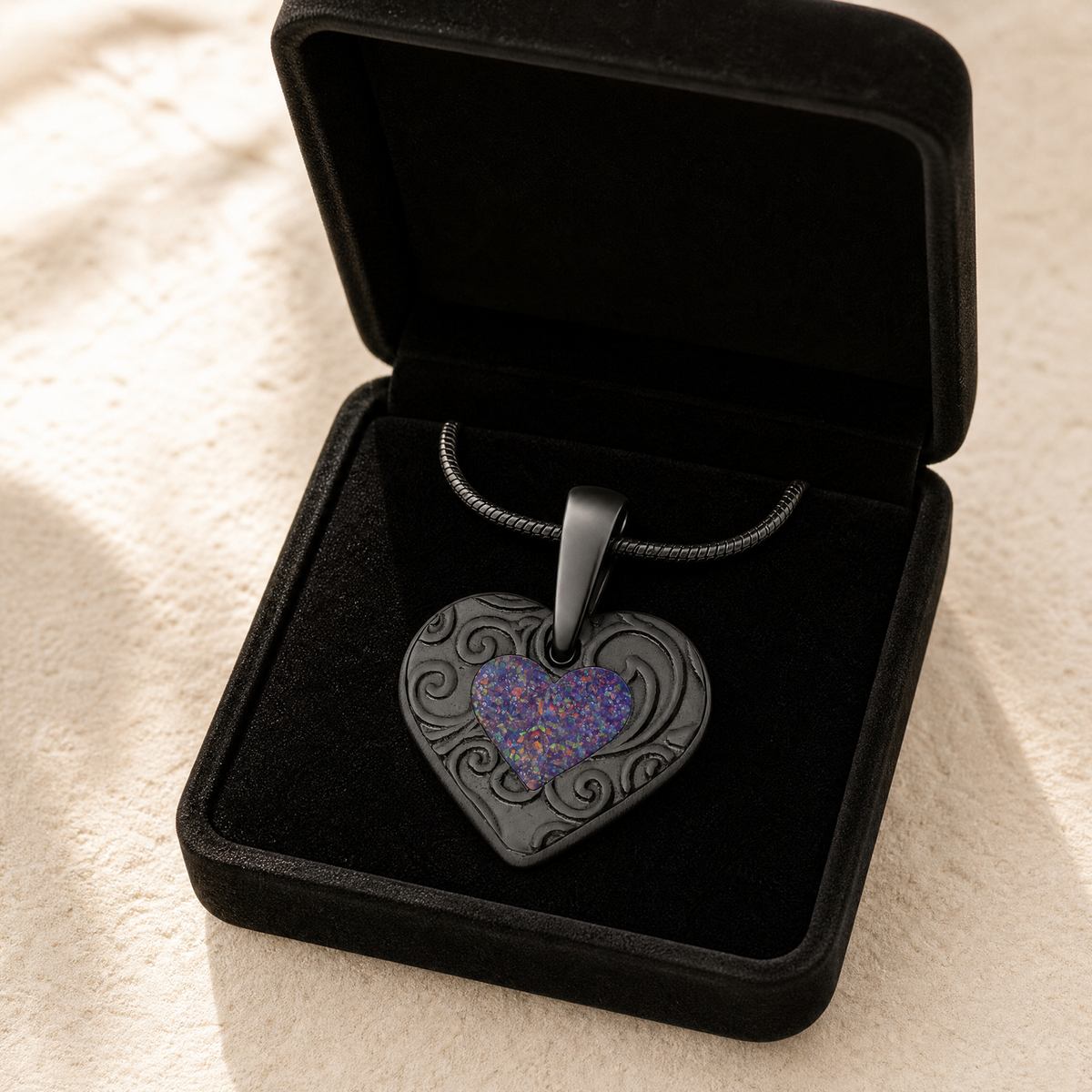 Pleasant Heart Black Finish with Black Flame Opal Ash Resin Jewelry