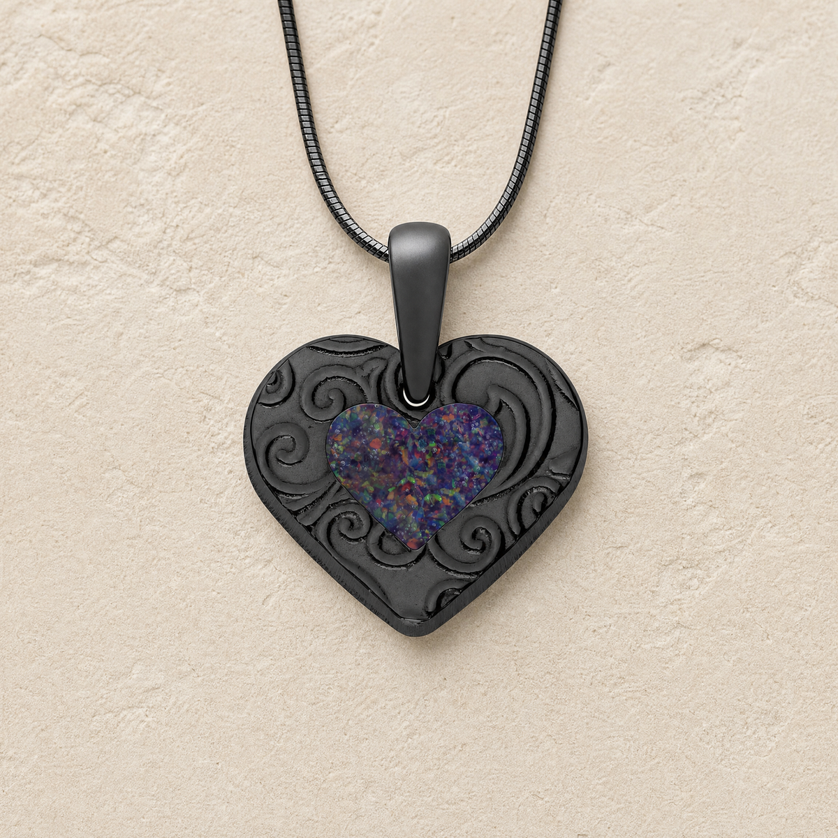 Pleasant Heart Black Finish with Black Flame Opal Ash Resin Jewelry