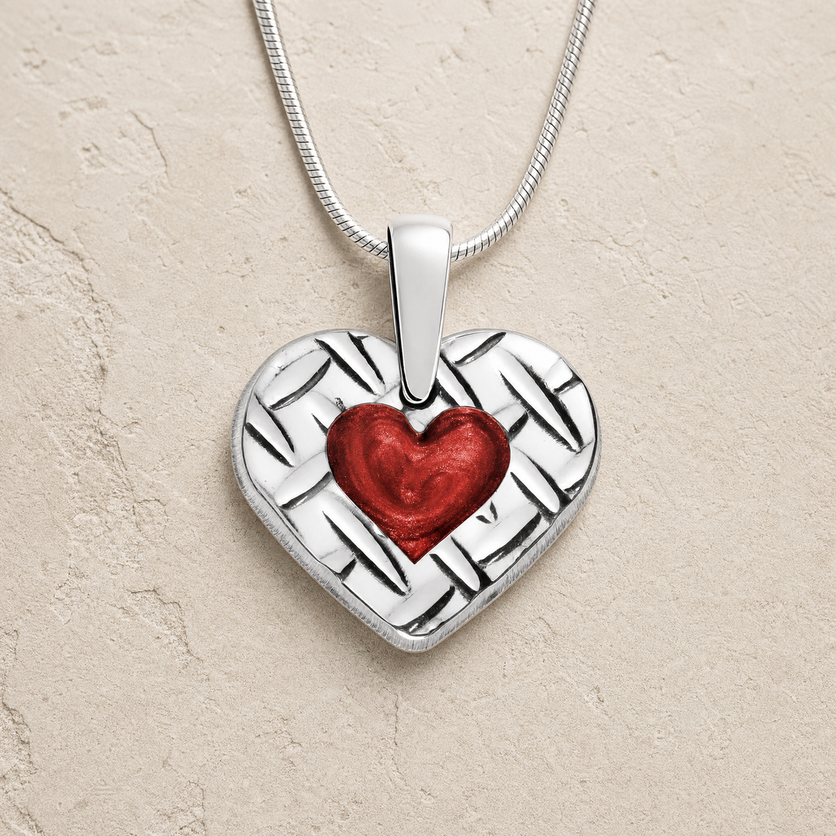 Solid 14K White Gold Woven Heart with Crimson Ash Resin Jewelry