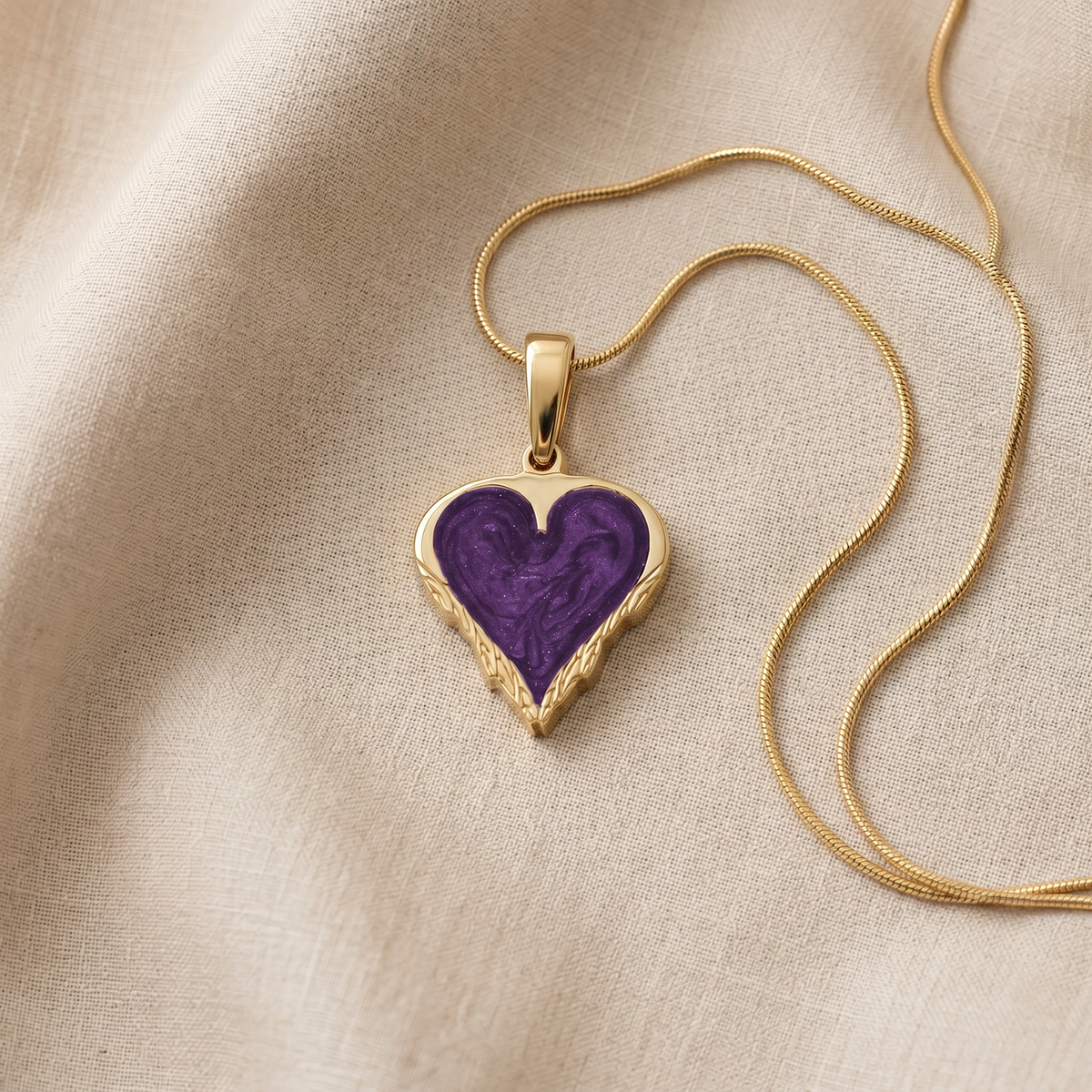 Solid 14K Gold Feathered Heart with Mullberry Ash Resin Jewelry