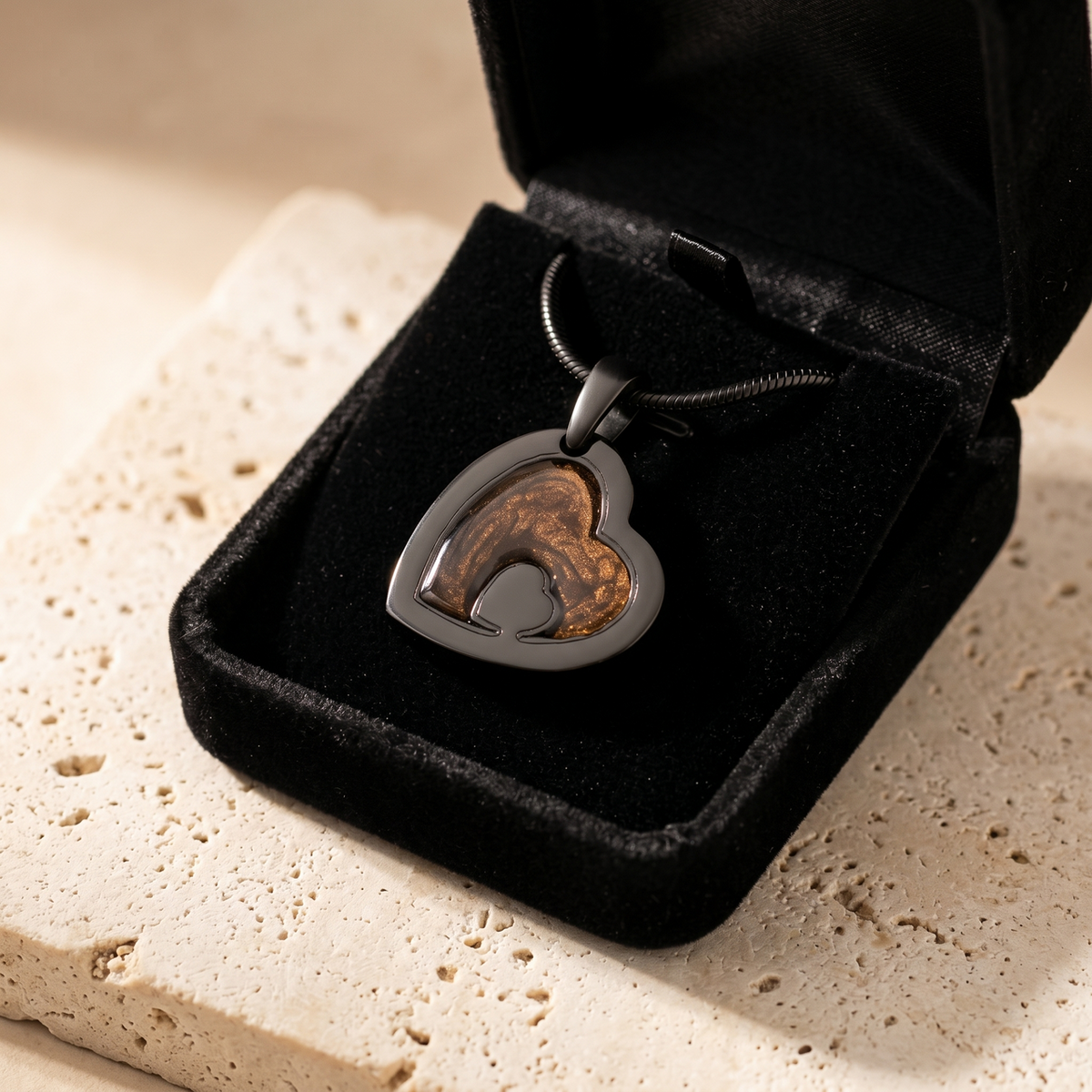 Two Of A Kind Heart Black Finish with Carob Ash Resin Jewelry
