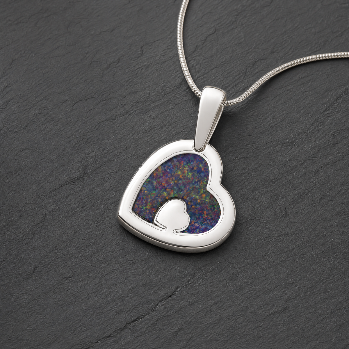 Solid 14K White Gold Two Of A Kind Heart with Black Flame Opal Ash Resin Jewelry