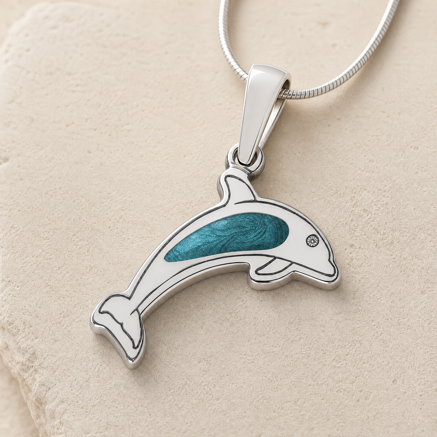 Jubilant Dolphin Sterling Silver with Aqua Ash Resin Jewelry
