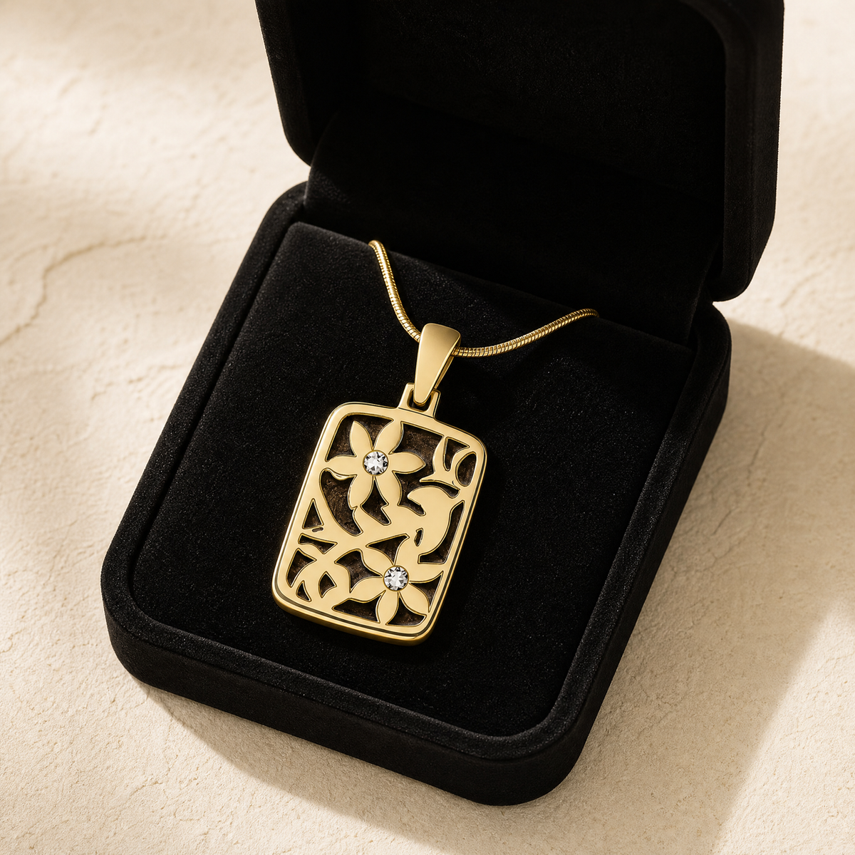 Solid 14K Gold Flowered Rectangle with Carob Ash Resin Jewelry