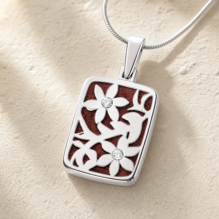 Flowered Rectangle Sterling Silver with Crimson Ash Resin Jewelry