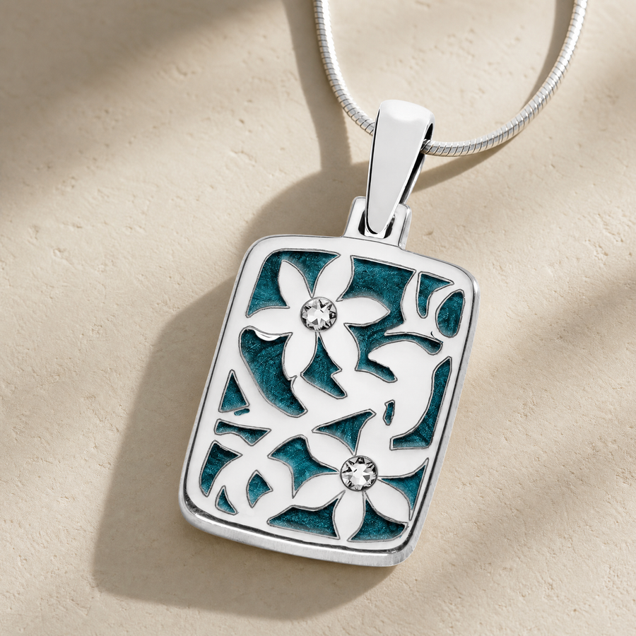 Flowered Rectangle Sterling Silver with Aqua Ash Resin Jewelry