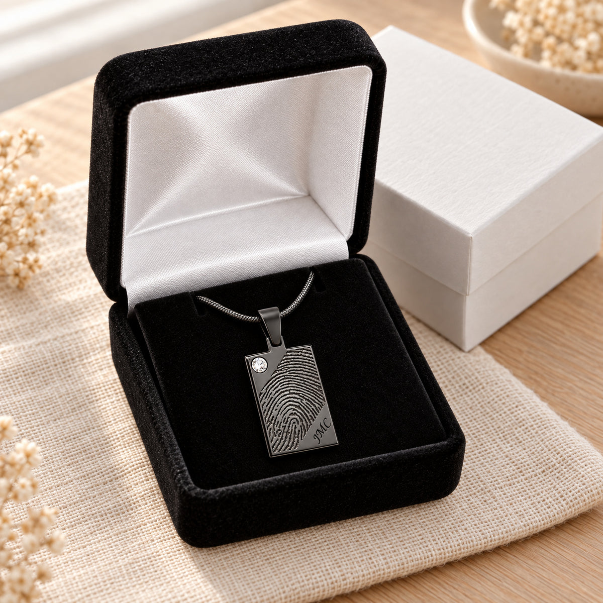 Black Plated Birthstone Signature Rectangle Fingerprint Necklace — gift box