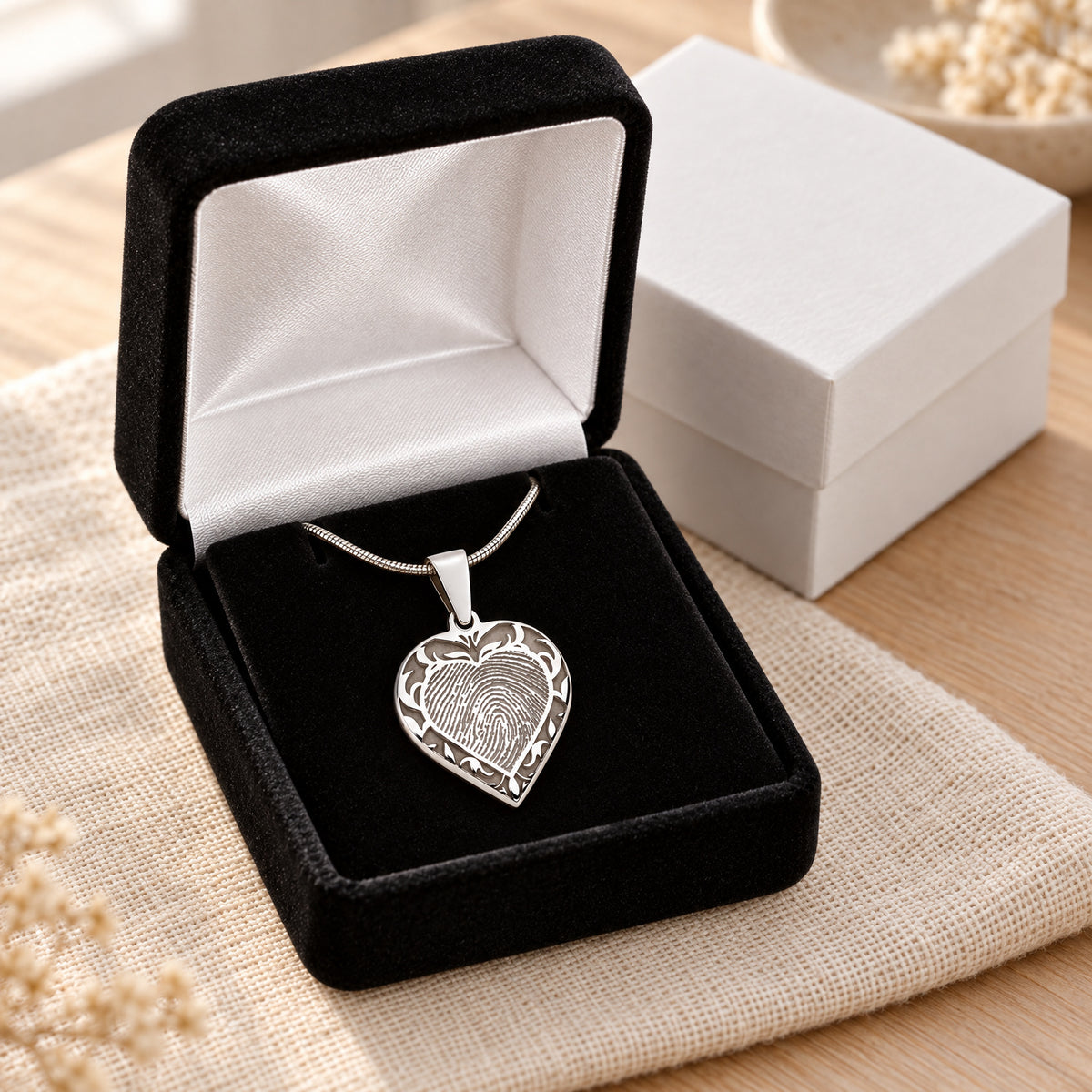 Solid 14k White Gold Carved Signature Heart Fingerprint Necklace — gift box