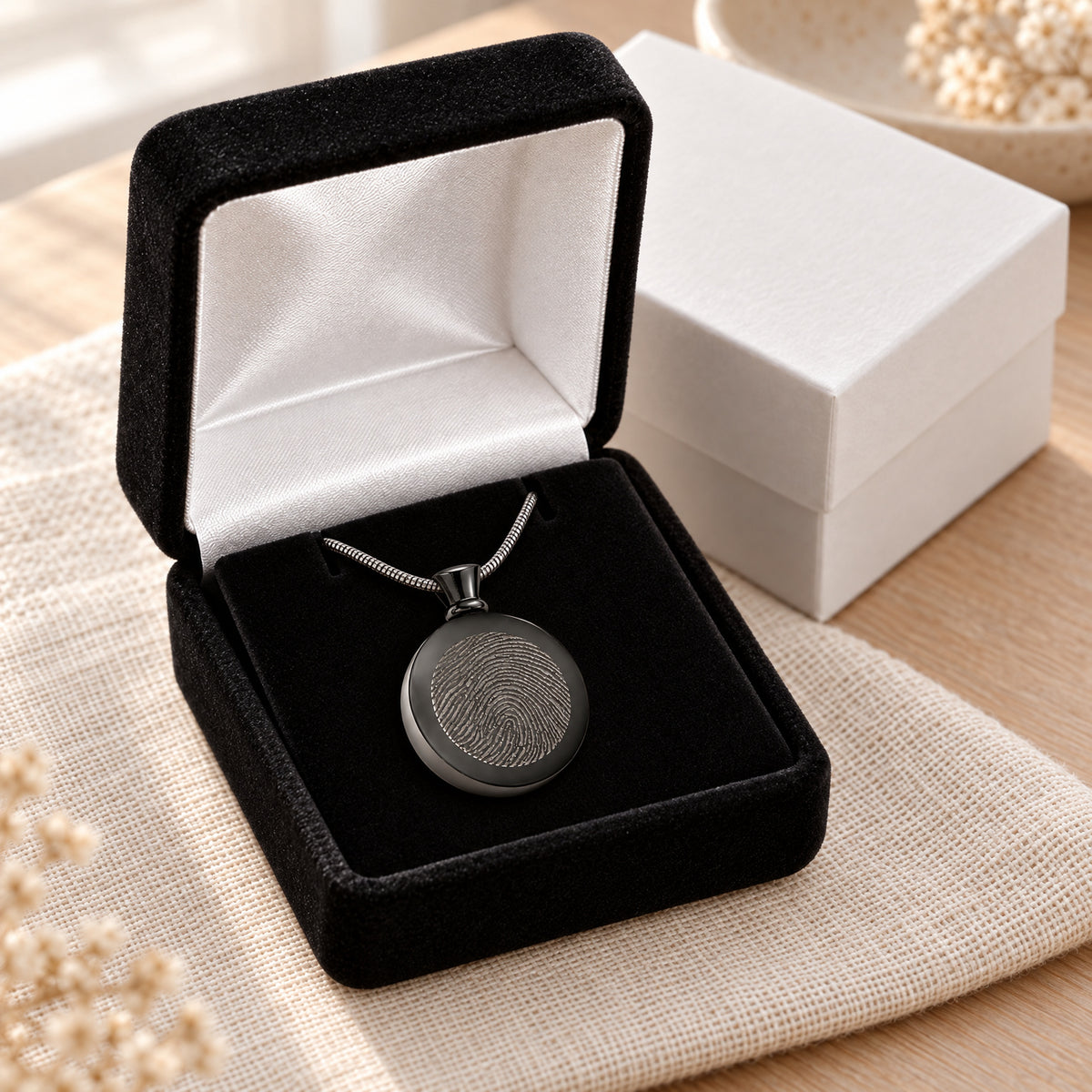 Black Plated over Stainless Circle of Life Fingerprint Necklace — gift box