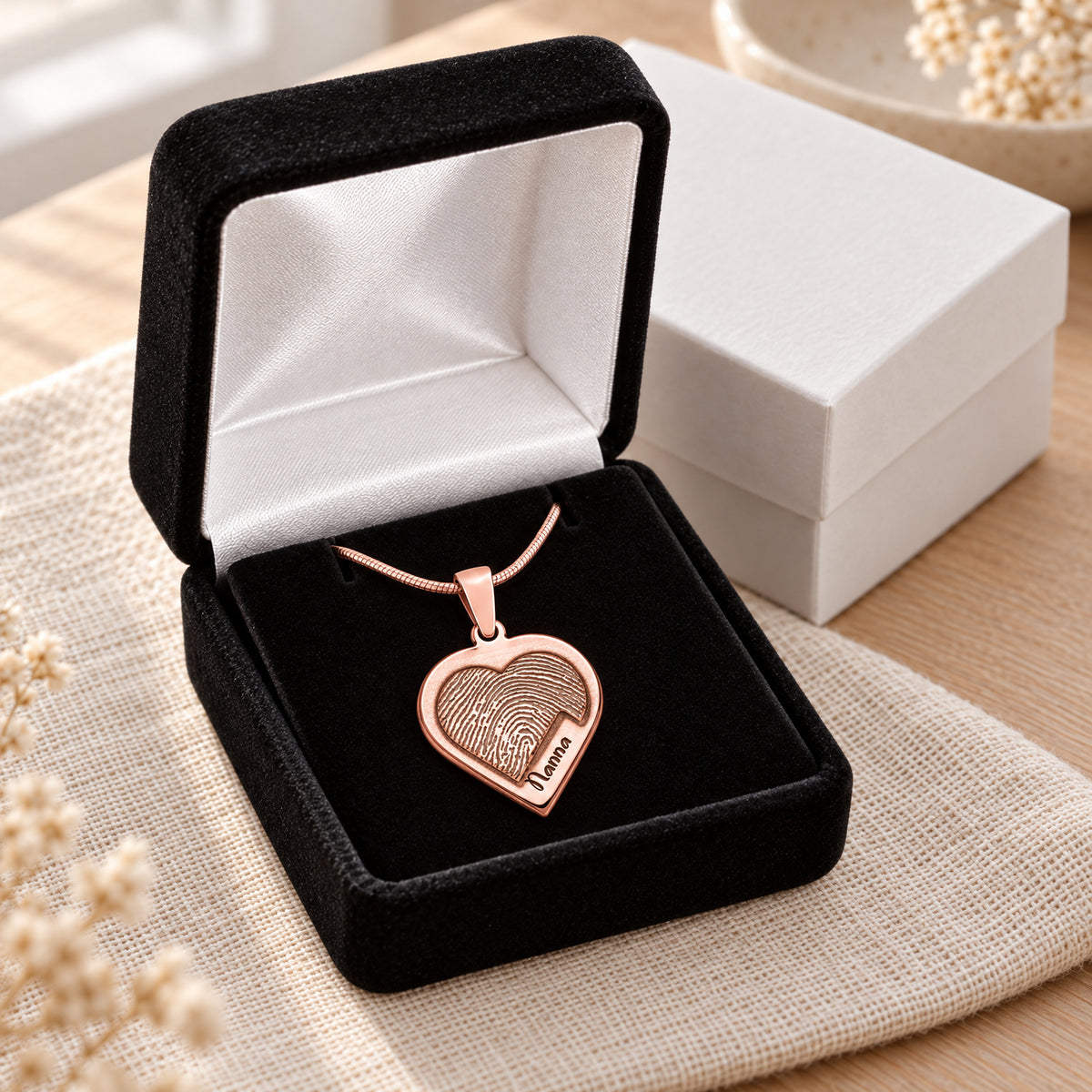 Raised Rose Gold Plated Sterling Heart Fingerprint Necklace — gift box