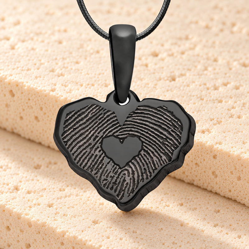 Black Plated Petite Cut Sterling Heart Fingerprint Necklace with Signature on Back