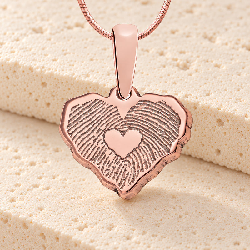 Rose Gold Plated Petite Cut Sterling Heart Fingerprint Necklace with Signature on Back