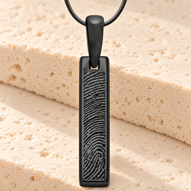 Black Plated Sterling Fingerprint Tiny Bar Necklace with Signature on Back