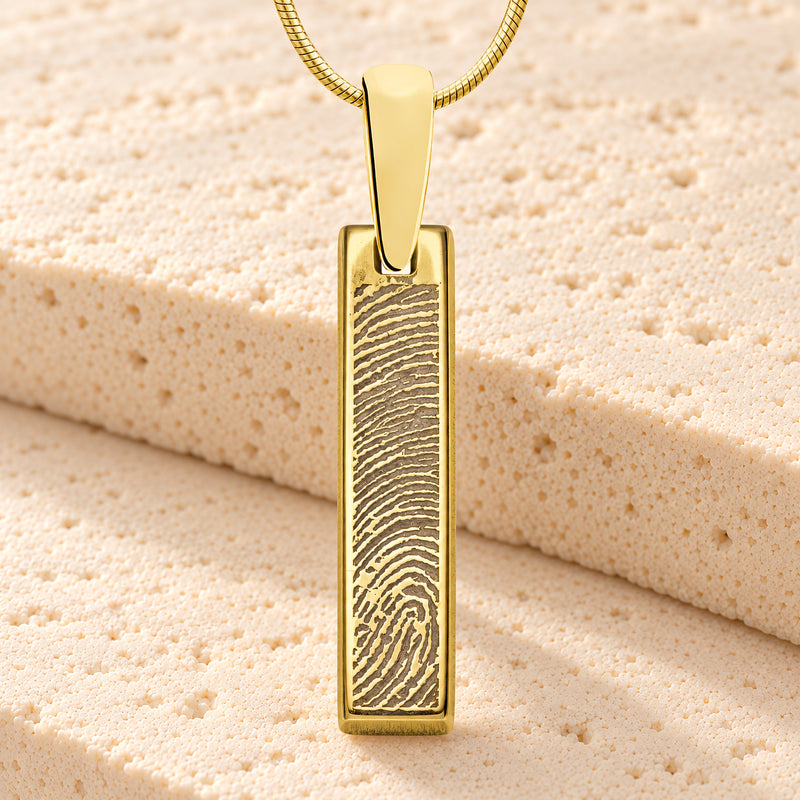 Gold Plated Sterling Fingerprint Tiny Bar Necklace with Signature on Back