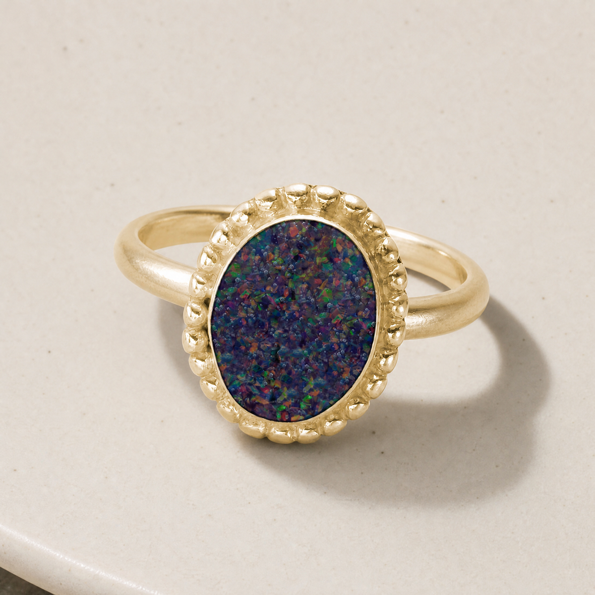 Solid 14K Gold Women's Bethany Ash Ring with Black Flame Opal