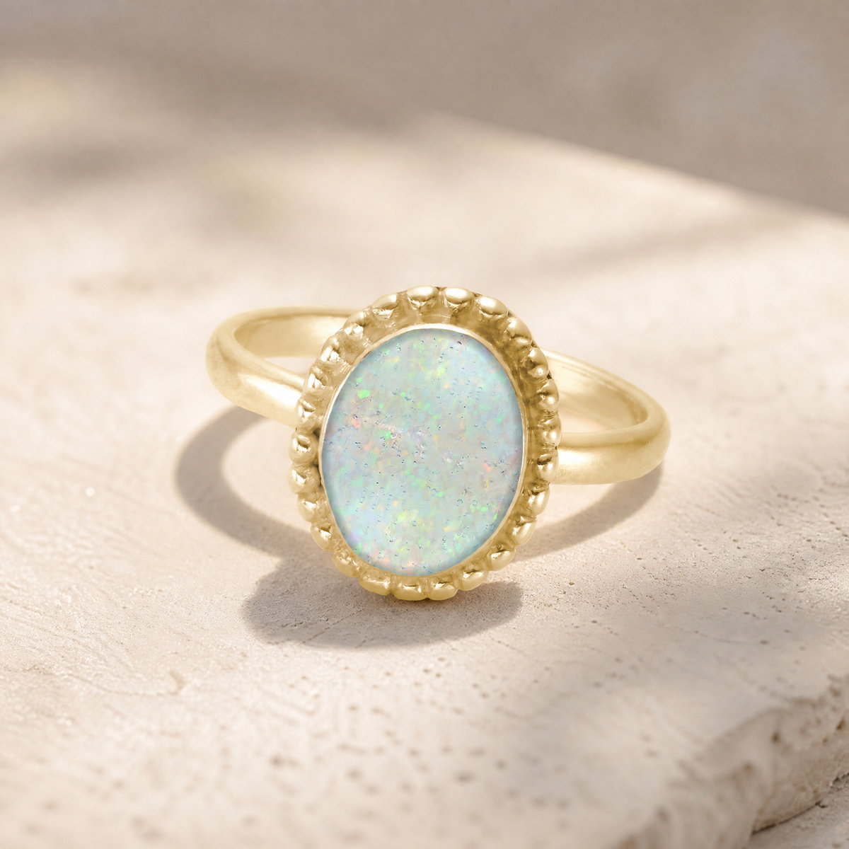 Solid 14K Gold Women's Bethany Ash Ring with Crushed Cream Opal