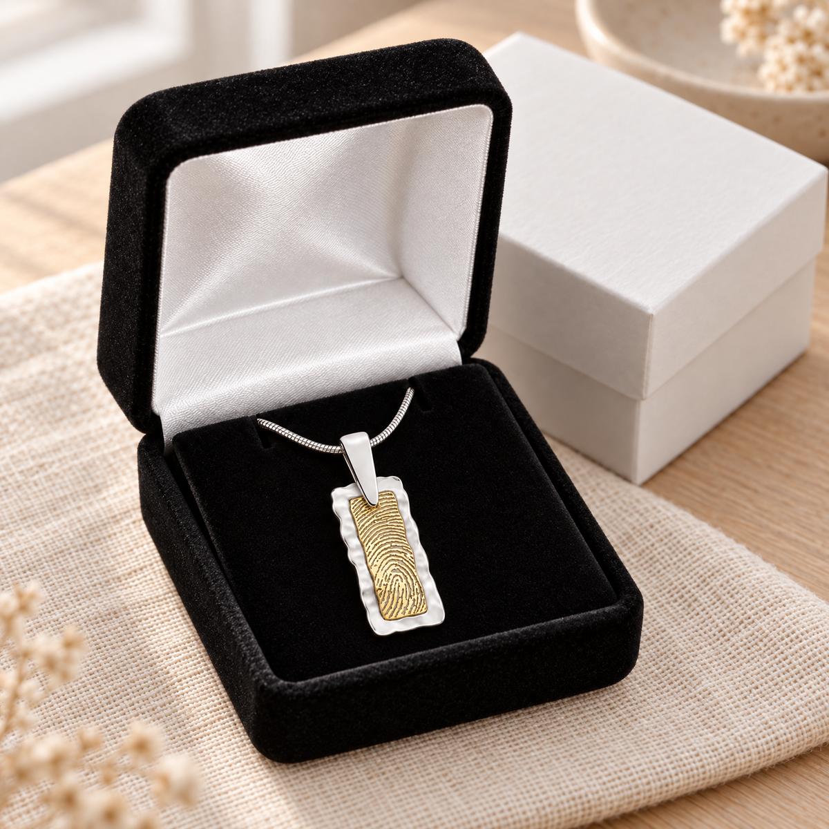 Silver Frame Rectangle Gold Fingerprint Necklace — gift box — evr4738sg