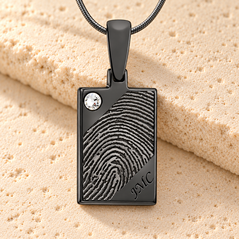 Black Plated Birthstone Rectangle Fingerprint Necklace