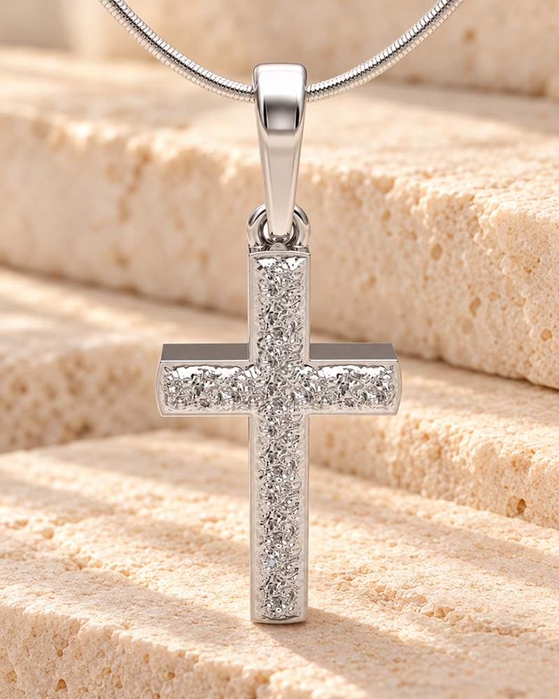 Solid 14k White Gold Textured Cross Forever Sealed Memorial Jewelry