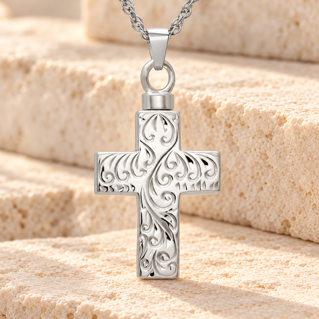 14k White Gold Etched Cross Cremation Urn Keepsake — main — evr121wg