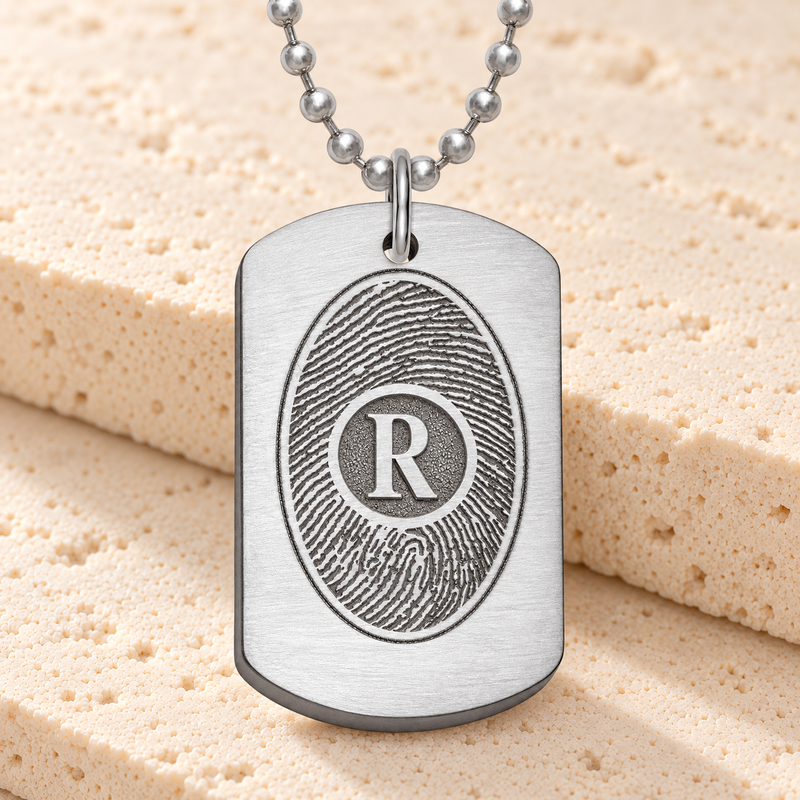 Brushed Thick Stainless Dog Tag with Initial Fingerprint Necklace