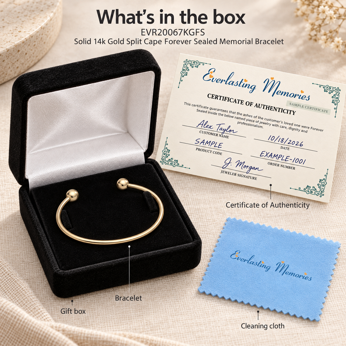 Solid 14k Gold Split Cape Forever Sealed Memorial Bracelet — whats in box — evr20067kgfs