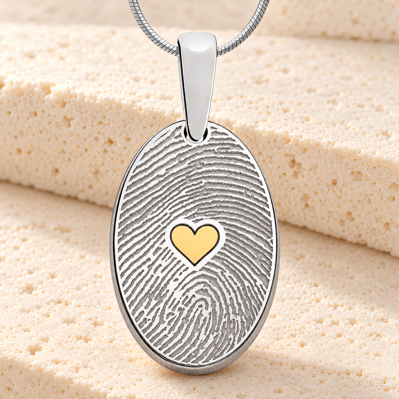 Sterling Silver Loved Oval with Gold Plated Heart Fingerprint Necklace