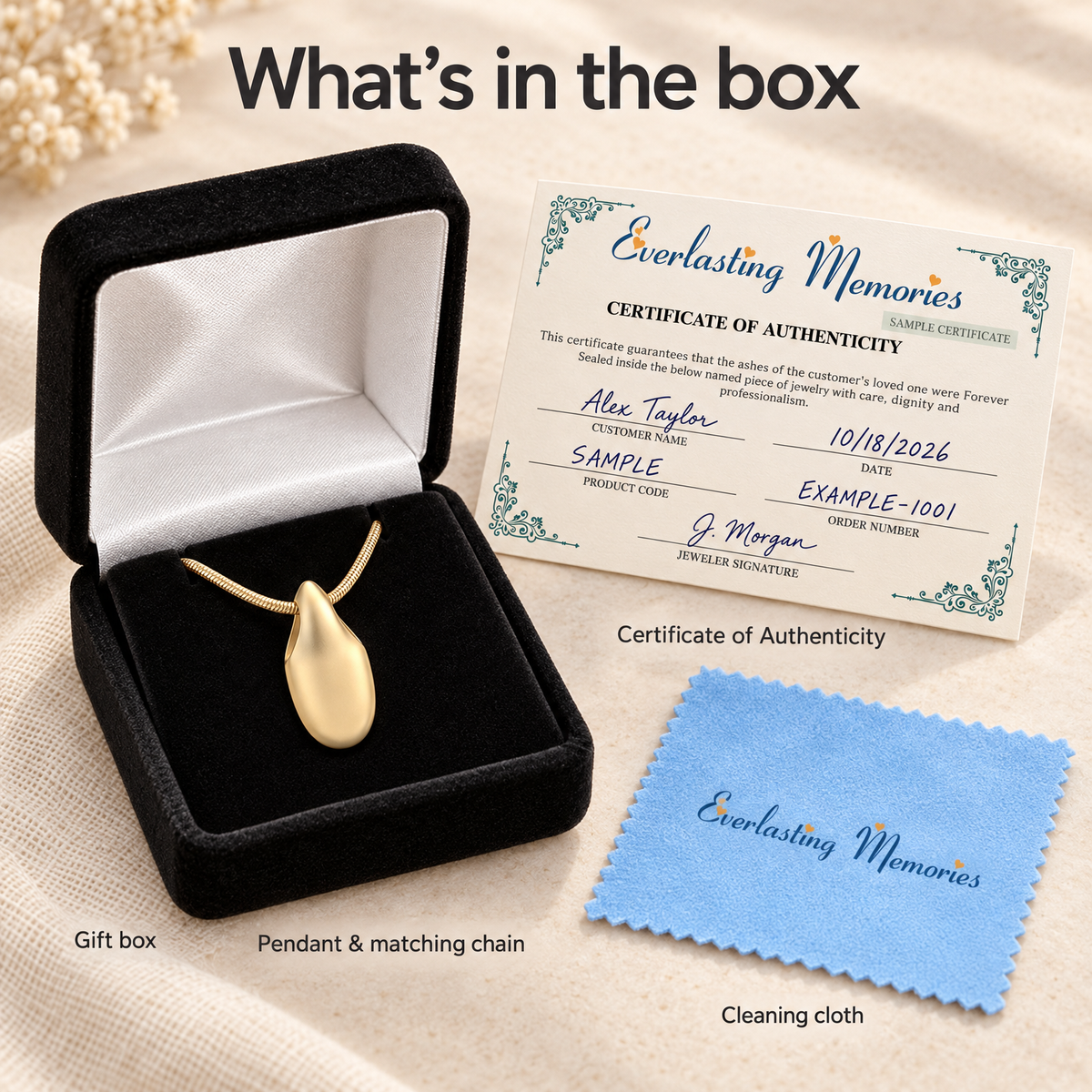 Solid 14K Gold Simple Tear Forever Sealed Cremation Jewelry — whats in box — evr6460kgfs