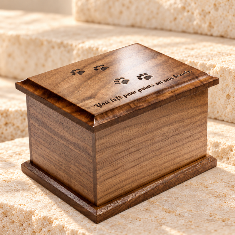 Small Walnut Cremation Urn w/ Pawprints