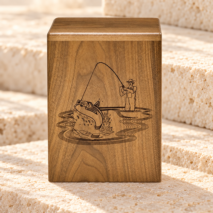 Cast a Line Wood Urn