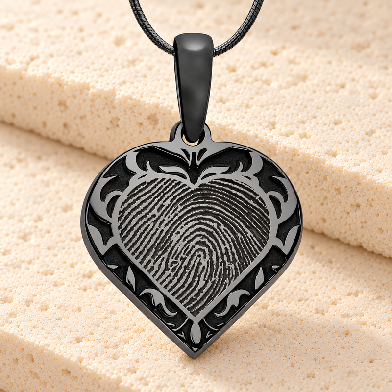 Black Plated Sterling Silver Carved Heart Fingerprint Necklace