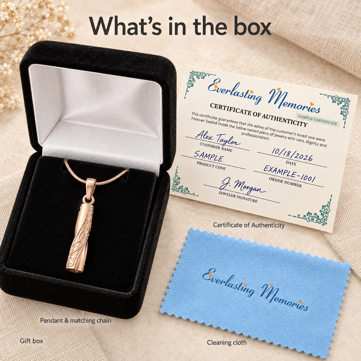 Rose Gold Plated Twisted Cylinder Forever Sealed Cremation Jewelry — whats in box — evr6629rgfs
