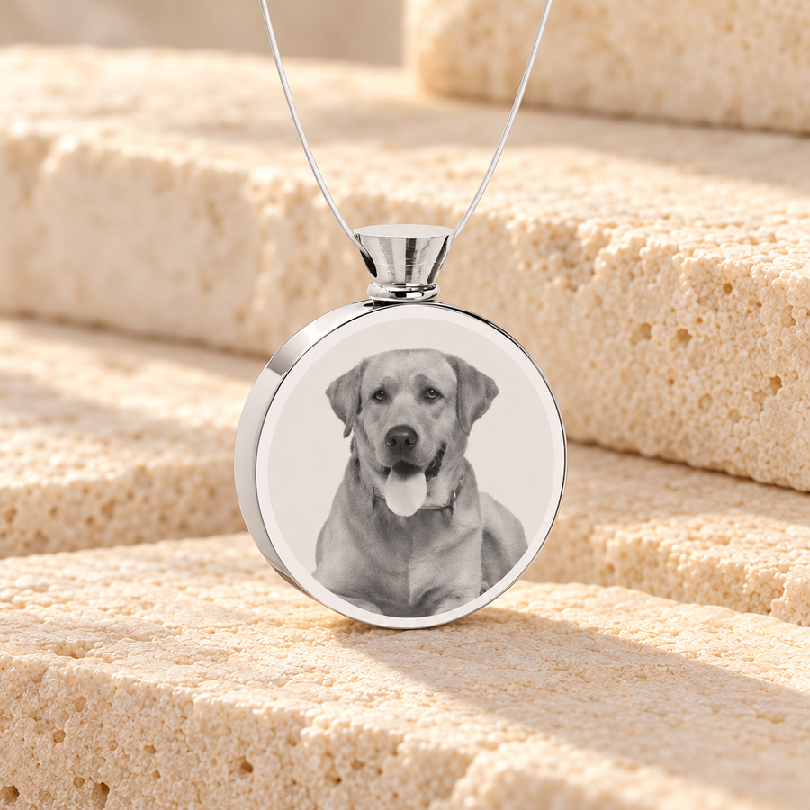 Round Stainless Steel Photo Engraved Pet Ash Guardian