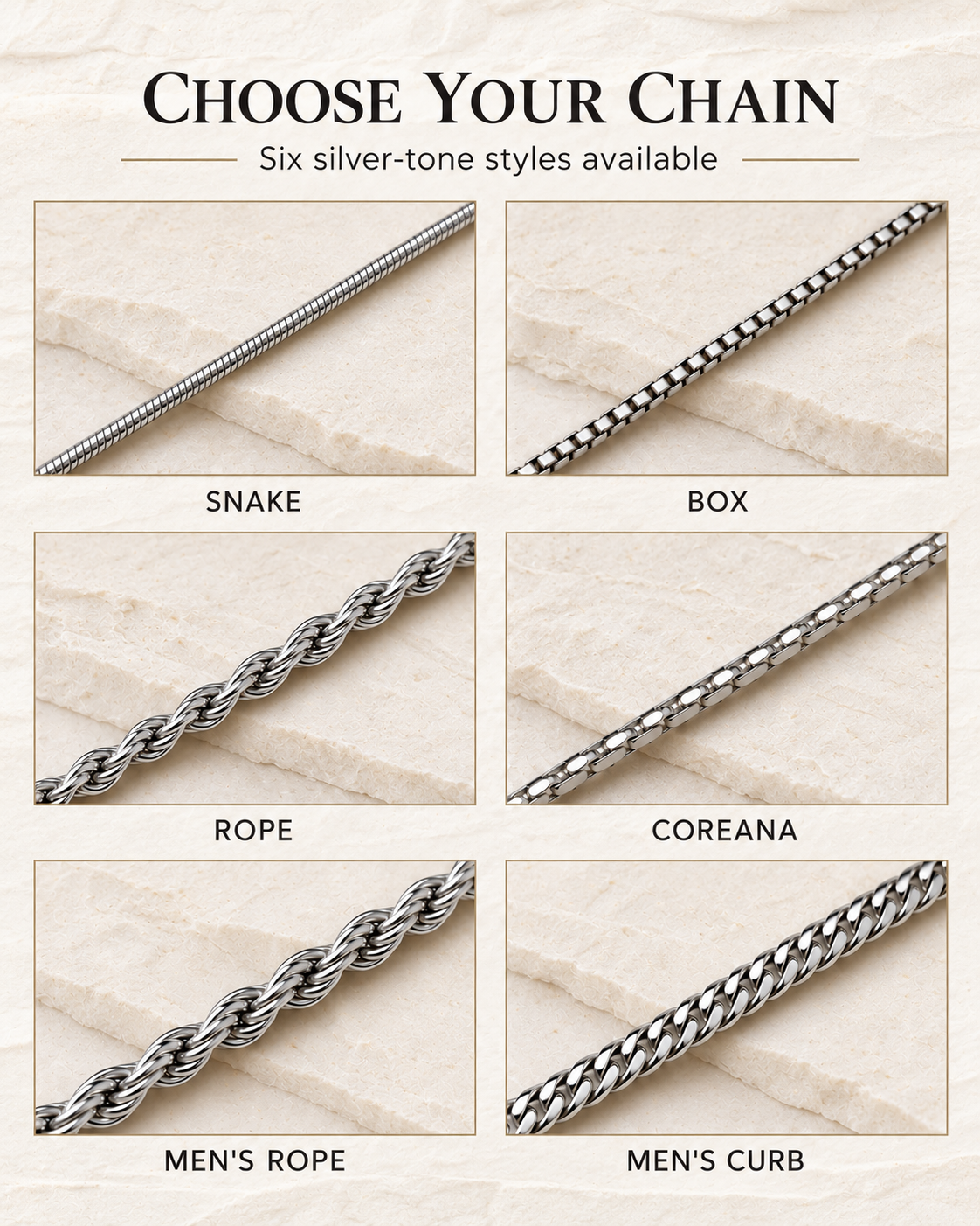 EVR silver chain options — snake, box, rope, coreana, men’s rope and men’s curb