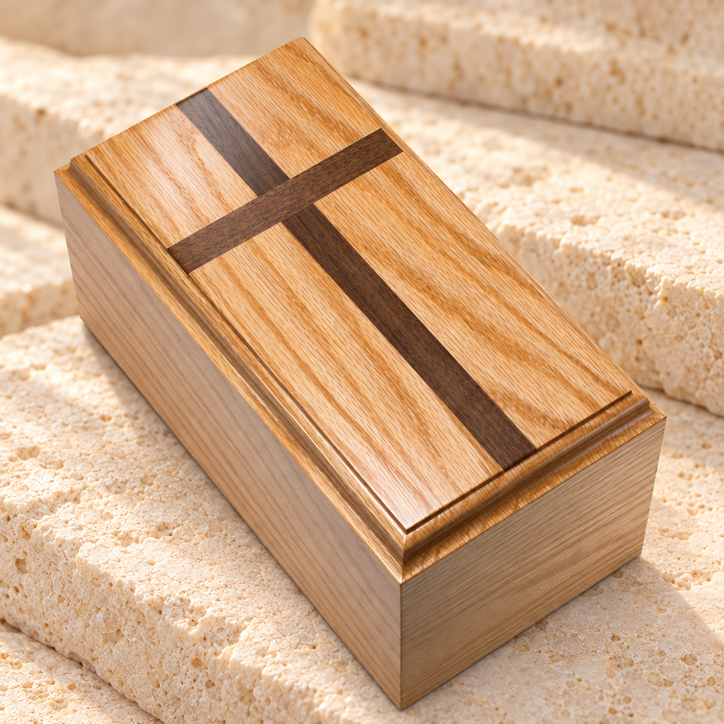 Traditional Oak Cremation Urn w/ Walnut Cross — main — evr9102