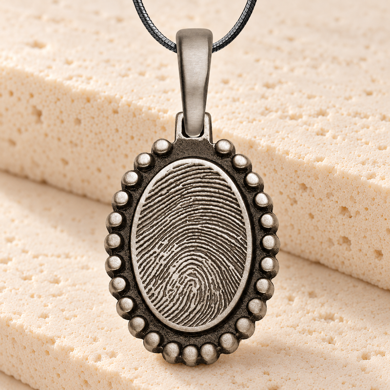 Antique Sterling Silver Beaded Oval Fingerprint Necklace