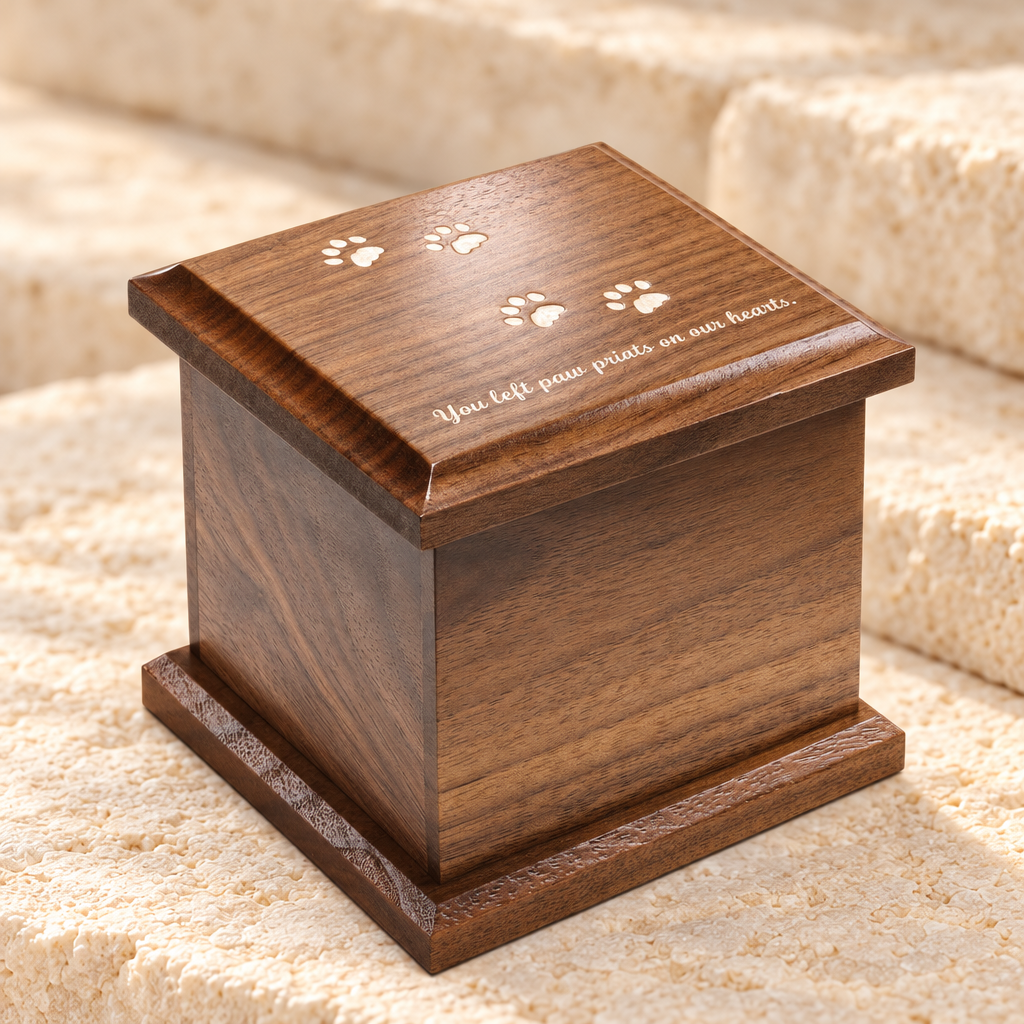 Extra Small Walnut Cremation Urn w/ Pawprints — main — evr9108