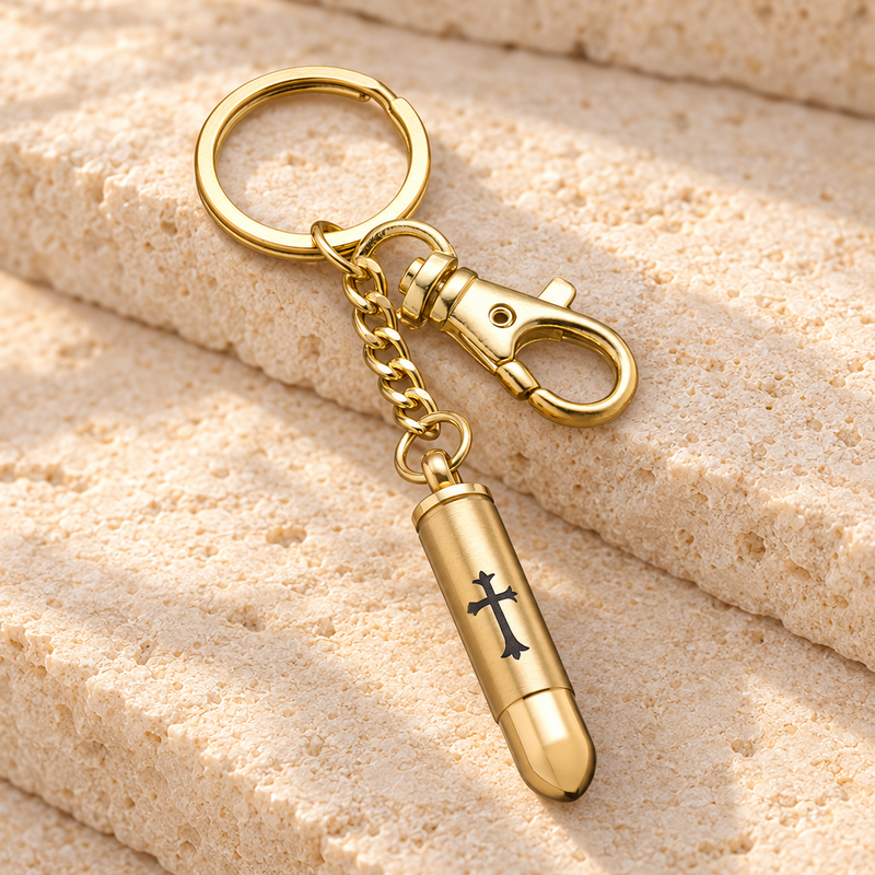 Gold Plated 357 Magnum Bullet with Cross Cremation Urn Keychain